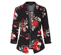 LADI TREND Women's Work Jacket 3/4 Ruched Sleeve Open Front Casual Office Blazer (Floral_Red Black M)