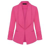 LADI TREND Women's Work Jacket 3/4 Ruched Sleeve Open Front Casual Office Blazer (Rose Pink M)