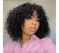 ladiaryf 16 Inch Short Curly Human Hair Wigs with Bangs Curly Glueless Bob Wig Human Hair with Bang Wear and Go No Lace Wig 180 Density 100% Real Unprocessed Brazilian Virgin Hair Natural Black