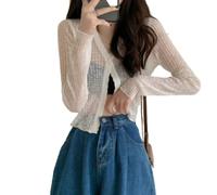 Ladiery Shrug, Summer Knitted Cropped Coat Women'S Long Sleeves Shrug One Button Up Bolero Shrug Crochet Short Cardigan Stretchy Cardigan See Through Cover-Up For Dresses,White,M