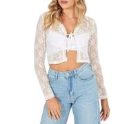 Ladiery Shrug,Women's Long Sleeve Shrug Summer V Neck Lace Bolero Cardigan Mesh Embroidery Jacket Ultra-Short Leaky Umbilicus Shoulder Jacket See Through Cover-Up for Dresses,White,S