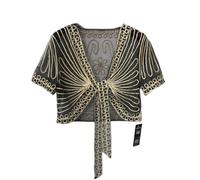 Ladiery Shrug,Women'S Short Sleeve Shrug Summer Crochet Floral Lace Bolero Cardigan Mesh Black Embroidery Jacket Front Tie Elegant Shoulder Jacket See Through Cover-Up For Dresses,Black Gold,Xl