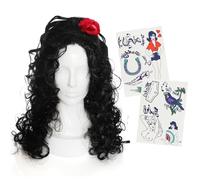 Ladies 00s Singer Accessory Set - Black Beehive Wig and Assorted Hipster Temporary Tattoo Sheets - Adults Noughties Music Icon Fancy Dress Costume Accessory Set