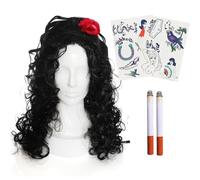 Ladies 00s Singer Accessory Set - Black Beehive Wig, Hipster Temporary Tattoo Sheets, Fake Cigarettes - Adults Noughties Music Icon Fancy Dress Accessory Set