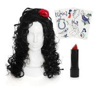 Ladies 00s Singer Accessory Set - Black Beehive Wig, Hipster Temporary Tattoo Sheets, Red Lipstick - Adults Noughties Music Icon Fancy Dress Accessory Set