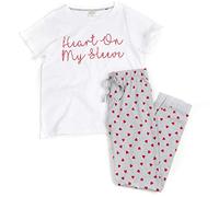 Ladies 100% Cotton Pyjamas Heats Love Design Summer Pyjamas Set Short Sleeved Top and Long Bottoms White Size M