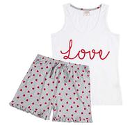 Ladies 100% Cotton Pyjamas Heats Love Design Summer Pyjamas Set Vest Top & Shorts White Size L