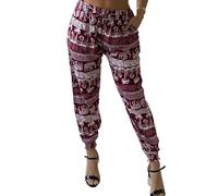 Ladies 100% Cotton Trousers in Various Elephant Prints Harem Style Pants Cuffed Ankle Leg Casual Tavel Holiday Bottoms Pants (UK, Alpha, S, M, Regular, Regular, Elephant/Trees Print - Wine)