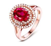 Ladies 18K Gold Wedding Band, Woman Rings Lab Created Ruby 3ct Oval Shape Rose Gold Jewelry with Moissanite for Engagement Size Q 1/2