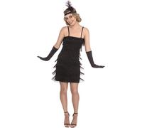 Ladies 1920's Black Flapper Fancy Dress Costume with headband and gloves