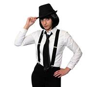 LADIES 1920S GANGSTER FANCY DRESS INCLUDING GANGSTER WIG - GANGSTER FANCY DRESS COSTUME LADIES - BLACK BOB WIG, BLACK BRACES, BLACK GANGSTER TRILBY WITH BLACK BAND AND BOW & BLACK TIE (58 CM SIZE)
