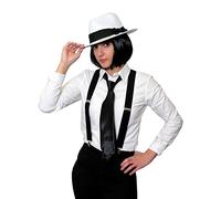 LADIES 1920S GANGSTER FANCY DRESS INCLUDING GANGSTER WIG - GANGSTER FANCY DRESS COSTUME LADIES - BLACK BOB WIG, BLACK BRACES, WHITE GANGSTER TRILBY WITH BLACK BAND AND BOW & BLACK TIE (60CM SIZE)