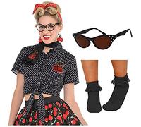 LADIES 1950s COSTUME - BLACK POLKA DOT ROCKABILLY BLOUSE + BLACK 1950s STYLE SUNGLASSES + BLACK 50s STYLE FRILLY BOBBY SOCKS - WOMENS 50s FANCY DRESS OUTFIT (ONE SIZE)