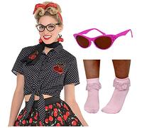 LADIES 1950s COSTUME - BLACK POLKA DOT ROCKABILLY BLOUSE + PINK 1950s STYLE SUNGLASSES + PINK 50s STYLE FRILLY BOBBY SOCKS - WOMENS 50s FANCY DRESS OUTFIT (ONE SIZE)