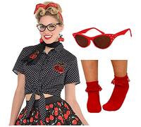 LADIES 1950s COSTUME - BLACK POLKA DOT ROCKABILLY BLOUSE + RED 1950s STYLE SUNGLASSES + RED 50s STYLE FRILLY BOBBY SOCKS - WOMENS 50s FANCY DRESS OUTFIT (ONE SIZE)