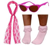 LADIES 1950S FANCY DRESS COSTUME SET - PINK 50S STYLE SUNGLASSES, PINK LACE CHIFFON AND PINK BOBBY SOCKS