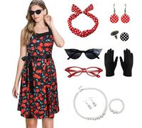 LADIES 1950s Fancy Dress Costume, Summer Sleeveless Rockabilly with RED Cherry Pattern Vintage with Red Bow Headband, Glasses,Gloves and Other Beautiful Accessories for Dress Up Party (RED, S)