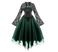 Ladies 1950s Gothic Crisp Midi Long Sleeve Flared Witch Costume A-line, green, XXL