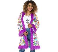 Smiffys 60s Groovy Hippie Coat, Multi-Coloured with Fur Trim, 1960's Groovy Fancy Dress, Adult Dress Up Costumes