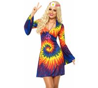 Ladies 1960s Hippy Tie Dye Dress Rainbow Retro Fancy Dress Costume