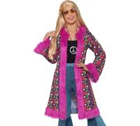 Smiffys 60s Psychedelic Hippie Coat, Pink with Fur Trim, 1960's Groovy Fancy Dress, 1960s Dress Up Costumes