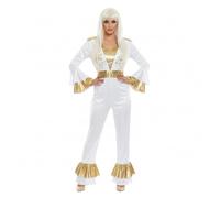 Ladies 1970s Disco Queen Jumpsuit and Blonde Pop Star Wig - Womens Fancy Dress Costume Size 14-16 - Retro Disco Outfit for Halloween, Parties & Dance Events