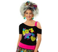 Smiffys Women’s 1980s One Shoulder T-Shirt, Retro Neon Print Black Top with Hot Pink Strap & Hem, Fancy Dress Costume for 80s Party, Festivals, Hen Nights & Themed Events, Small