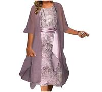 Ladies 2 Piece Dress Sets Summer Outfits for Women UK Elegant Party Dress Casual Mother of Bride/Groom Dress Wedding Guest Midi Dress Sling Dress with Chiffon Sarongs Dress Suit Purple M