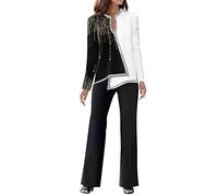 Ladies 2 Piece Outfits Formal Elegant Long Sleeve and Wide Leg Trousers Blazer Suit Co Ord Sets Matching Set Tracksuit Trouser Suits Wedding Prom Evening Mother of The Bride (11-White, M)