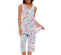 Ladies 2 Piece Pyjama Set UK Sale, Womens Floral Sleepwear Sleeveless Vest Shirts and Three Quarter Cropped Pants Bottoms Flowers Print Lounge Set Comfort Cotton Loungewear Stretch Fit Nightwear