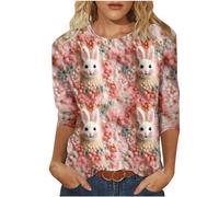 Ladies 3/4 Sleeve Tops Shirt Easter Day Pullover Funny Rabbit Print T Shirt Oversized Loose Tunic Top Round Neck Tee Shirt Tunics Women Cozy Bunny Cute Blouse