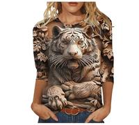 Ladies 3/4 Sleeve Tops Winter Autumn Ladies Tops Crewneck Tshirt Women Lightweight Tunics Tiger Print Women's Blouses Casual Loose Ladies Tee Shirts Work Going Out Tops Fall Outfits
