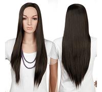 Ladies 3/4 Wig Fall Clip In Hair Piece Extension 25 inch Heat Resistant Synthetic Ombre Long Half Head Wigs for Party Dark Brown Grubify