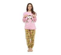 Ladies 3 Wise Monkeys Soft Snuggle Fleece Twosie Pyjamas, Sizes 8-22 Emoji See No, Speak No, Hear No Evil (8-10 UK) Pink/Yellow