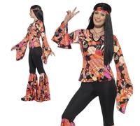 Ladies 60s 70s Willow Hippy Fancy Dress Flower Power Costume Top Trousers Scarf