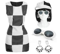 Ladies 60s Mod Costume - Deluxe Black & White Dress with Wig, Hat, Sunglasses & Earrings - Retro Sixties Fancy Dress Outfit