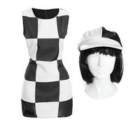 Ladies 60s Mod Costume - Large - Black and White Checkered Dress, Matching Hat and Black Bob Wig - Adults 1960s Party Fancy Dress Costume