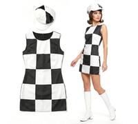 Ladies 60s Party Girl Costume - Black and White Checkered Shift Dress with Matching Hat - Womens Adults Sixties 1960s Mod Retro Movie Fancy Dress Costume