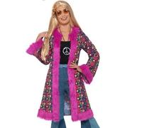 Smiffys 60s Psychedelic Hippie Coat, Pink with Fur Trim, 1960's Groovy Fancy Dress, 1960s Dress Up Costumes