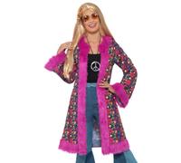 Smiffys 60s Psychedelic Hippie Coat, Pink with Fur Trim, 1960's Groovy Fancy Dress, 1960s Dress Up Costumes