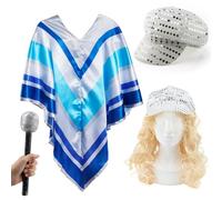 Ladies 70s Pop Star Costume Set - Blue and Silver Poncho, Long Blonde Wig, Glitter Microphone & Sequin Hat - Adults 1970s Disco Fancy Dress Outfit for Parties, Stag Dos & Eurovision