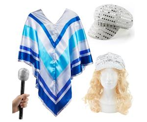 Ladies 70s Pop Star Costume Set - Blue and Silver Poncho, Long Blonde Wig, Glitter Microphone & Sequin Hat - Adults 1970s Disco Fancy Dress Outfit for Parties, Stag Dos & Eurovision