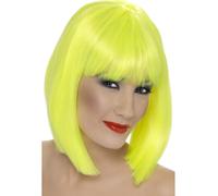 Ladies 80s 1980s 80's Glam Fancy Dress Wig Neon Yellow Womens Wig New