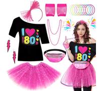 Ladies 80s Fancy Dress Costume, 1980s Costume Outfits Accessories Set with T-Shirt Tutu Skirt Bag Gloves Headband Earrings Necklace Bracelets for Women Girls Retro Theme Hen Party