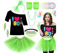 Ladies 80s Fancy Dress Costume, 1980s Costume Outfits Accessories Set with T-Shirt Tutu Skirt Bag Gloves Headband Earrings Necklace Bracelets for Women Girls Retro Theme Hen Party