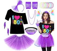 Ladies 80s Fancy Dress Costume, 1980s Costume Outfits Accessories Set with T-Shirt Tutu Skirt Bag Gloves Headband Earrings Necklace Bracelets for Women Girls Retro Theme Hen Party