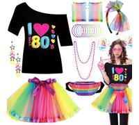 Ladies 80s Fancy Dress Costume, 1980s Costume Outfits Accessories Set with T-Shirt Tutu Skirt Bag Gloves Headband Earrings Necklace Bracelets for Women Girls Retro Theme Hen Party (Rainbow, 2XL)