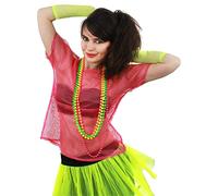 Ladies 80s Mesh Tops Fancy Dress Accessory 1980s Rave Tshirt Fishnet Roller Disco 80's Clubbing in Pink Uk Size 4-6