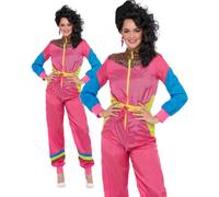 Ladies 80s Ski Suit Pink Neon Rewind Shellsuit Adulds Retro Fancy Dress Costume