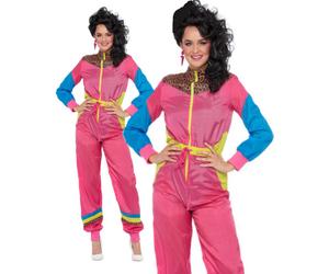 Ladies 80s Ski Suit Pink Neon Rewind Shellsuit Adulds Retro Fancy Dress Costume